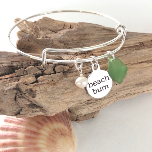 Artisan Jewelry - Adjustable Genuine Green Sea Glass Bangle Bracelet